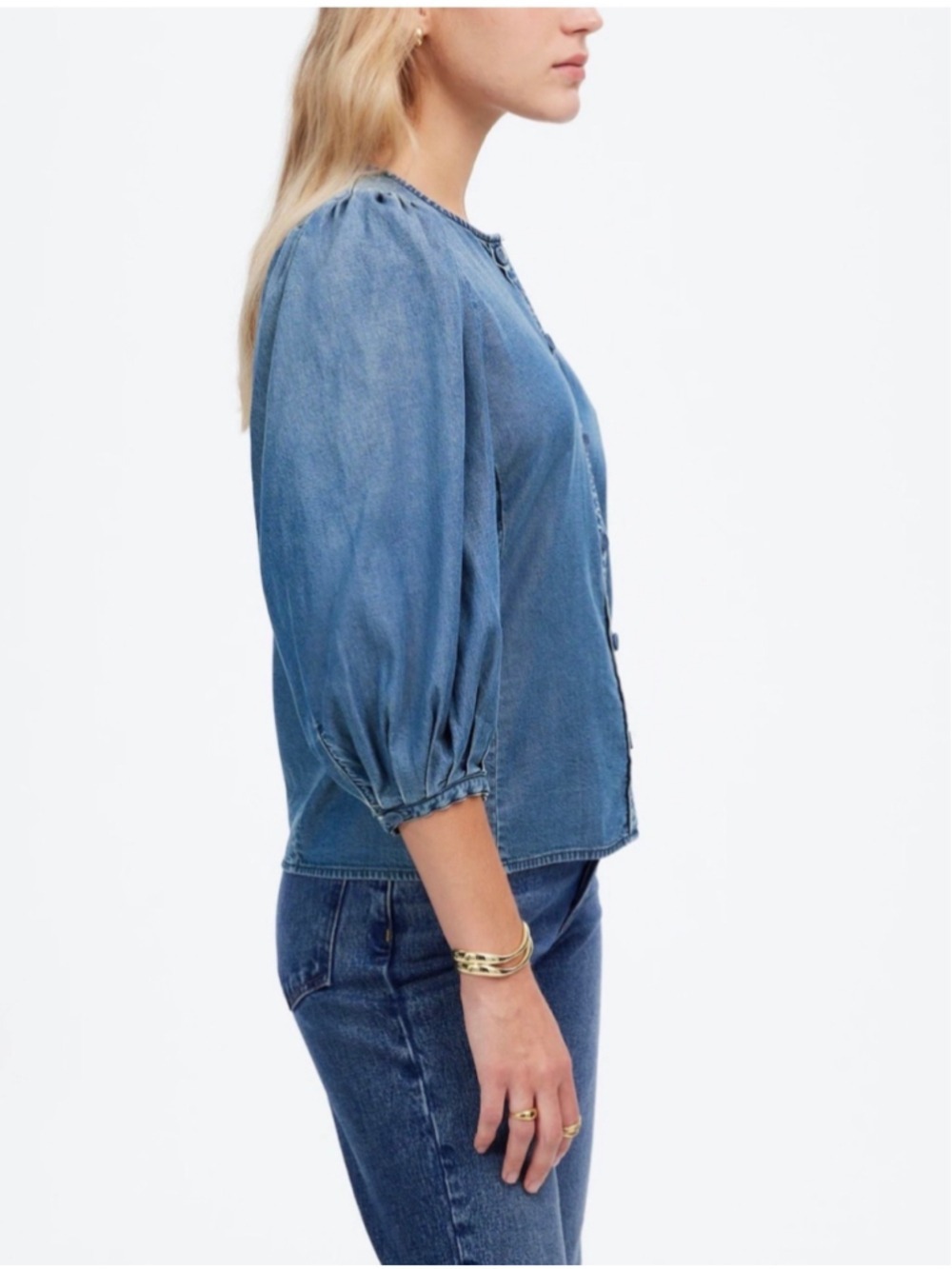Women's Madewell Denim Blouse Size 2 Blue Puff Sleeve Button Down - Picture 4 of 10
